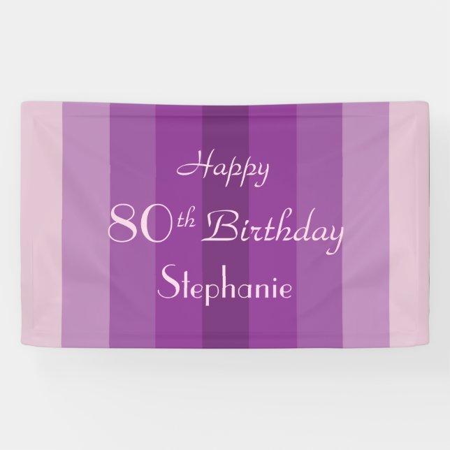 Personalize Name 80th Birthday Party Purple Stripe Banner (Horizontal)