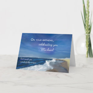 Personalize Name Birthday Waves on Ocean Blue Sky Card