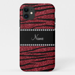 Personalize name burgundy glitter zebra stripes iPhone 11 case