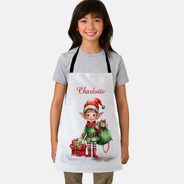 Personalize Name Christmas elf with sack of gifts Apron (Insitu)