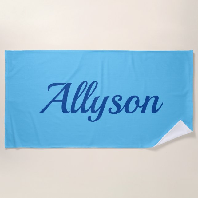 Personalize Name, Deep Blue Script / Sky Blue Beach Towel (Front)