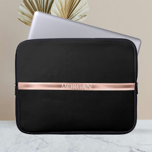 Personalize Name, Initials, Rose Gold Stripes, Blk Laptop Sleeve