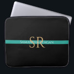 Personalize Name & Monogram Gold/White Teal Stripe Laptop Sleeve<br><div class="desc">Personalize your name,  initials or message in gold and white text on teal stripe with black background.</div>