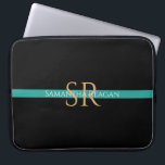 Personalize Name & Monogram Gold/White Teal Stripe Laptop Sleeve<br><div class="desc">Personalize your name,  initials or message in gold and white text on teal stripe with black background.</div>
