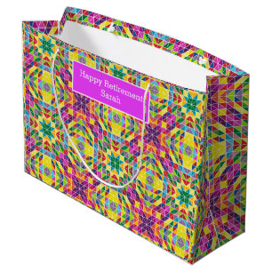 Personalize Name Quilt Pattern Happy Retirement Large Gift Bag