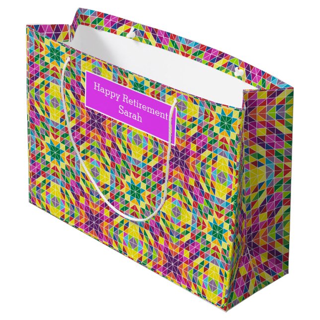 Personalize Name Quilt Pattern Happy Retirement Large Gift Bag (Back Angled)