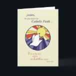 Personalize Name, RCIA Dove Circle on Yellow, Cust Card<br><div class="desc">This very special occasion when someone enters the Catholic faith through the RCIA,  deserves a personalized card. Add the name and it will be a keeper card! With a dove flying in front of the sun,  it is symbolic of the joy experienced by the newly converted.</div>