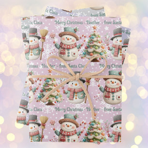 Personalize  Name Snowman Pastel Colors Christmas Wrapping Paper Sheet