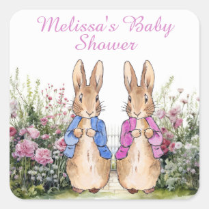 Personalize Peter and Flopsy Baby shower add Name Square Sticker