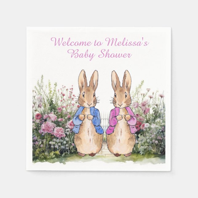 Personalize Peter and Flopsy Baby shower with name Napkin (Front)