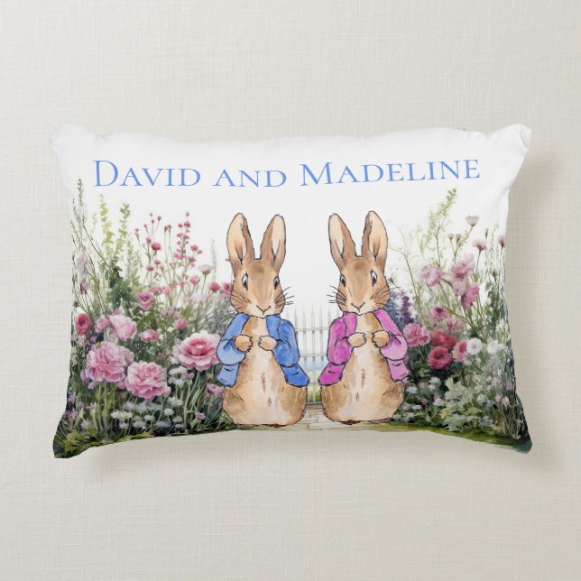 Personalize Peter and Flopsy in garden twin's name Decorative Cushion (Front)