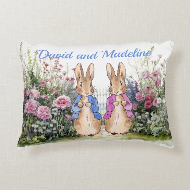 Personalize Peter and Flopsy in garden twin's name Decorative Cushion (Front)