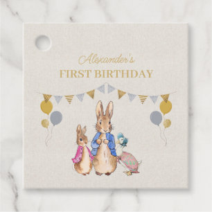 Personalize Peter rabbit beige linen 1st Birthday Favour Tags