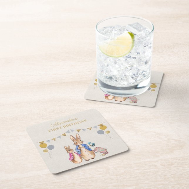 Personalize Peter rabbit beige linen 1st Birthday Square Paper Coaster (Insitu)