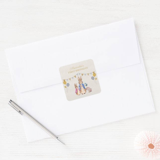 Personalize Peter rabbit beige linen 1st Birthday Square Sticker (Envelope)
