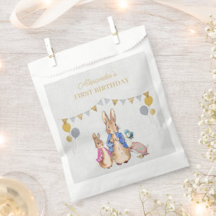 Personalize Peter rabbit gray linen 1st Birthday Favour Bags