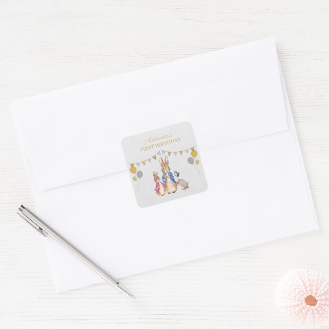 Personalize Peter rabbit gray linen 1st Birthday Square Sticker (Envelope)
