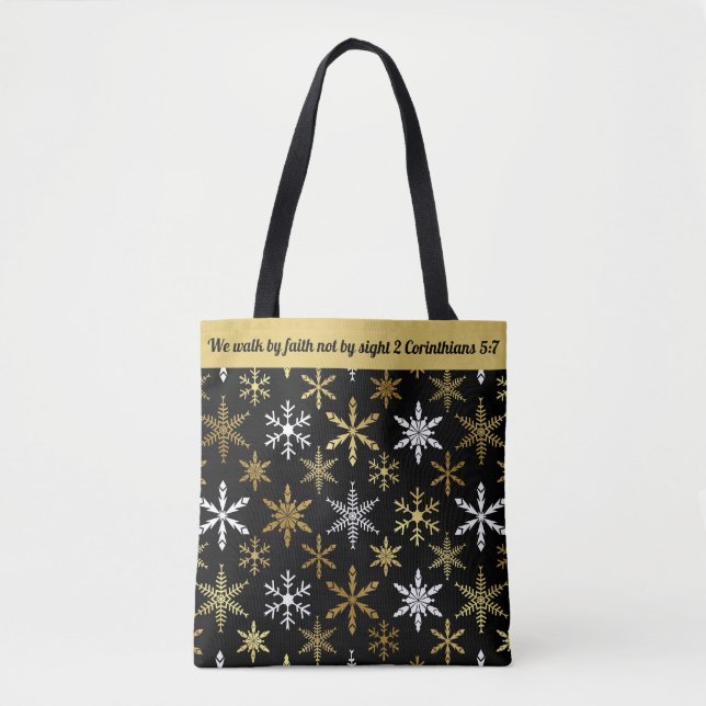 Personalize Quote/Name Black and gold Snowflake Tote Bag (Front)