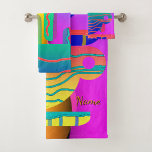 Personalize Rainbow Geo Coffee Cups Artsy Bath Towel Set