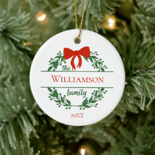 Personalize Red Green Wreath Family Name Christmas Ceramic Tree Decoration