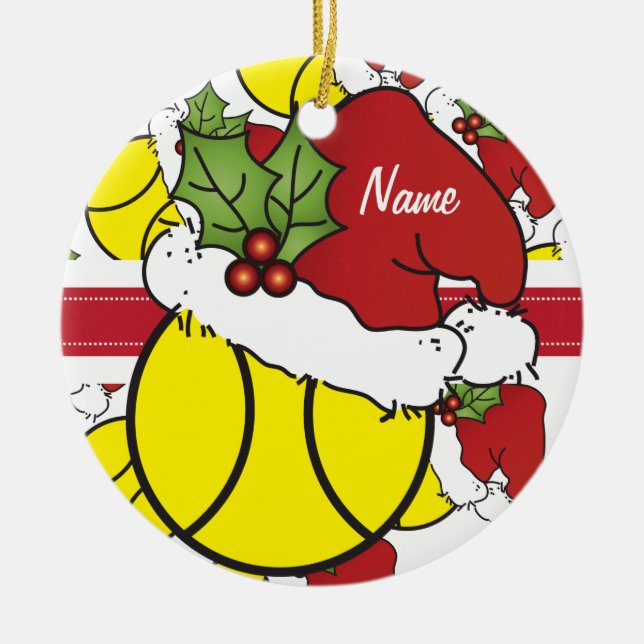 Personalize Santa Hat Christmas Tennis Ball Ceramic Tree Decoration (Front)