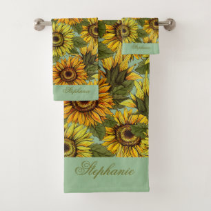 Personalize Sunflower with Foliage Sage Background Bath Towel Set