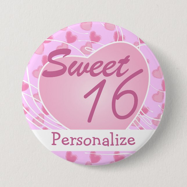 Personalize Sweet Sixteen Pink Hearts Birthday 7.5 Cm Round Badge (Front)
