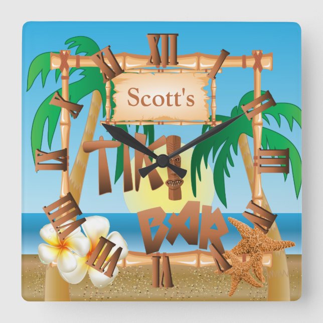 Personalize Tiki Bar Design Square Wall Clock (Front)