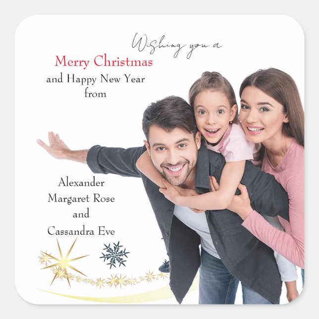 Personalize Upload Photo Names Christmas Greeting Square Sticker (Front)