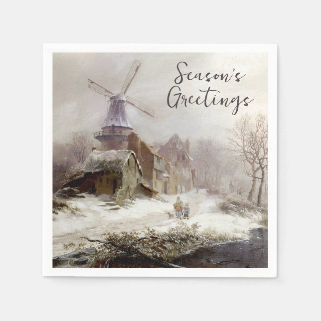 Personalize Vintage Winter Windmill snow landscape Napkin (Front)