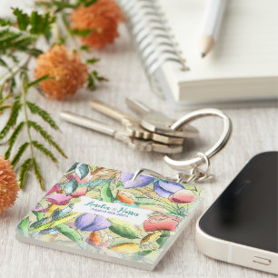 Personalize Watercolor Floral Outlined Key Ring