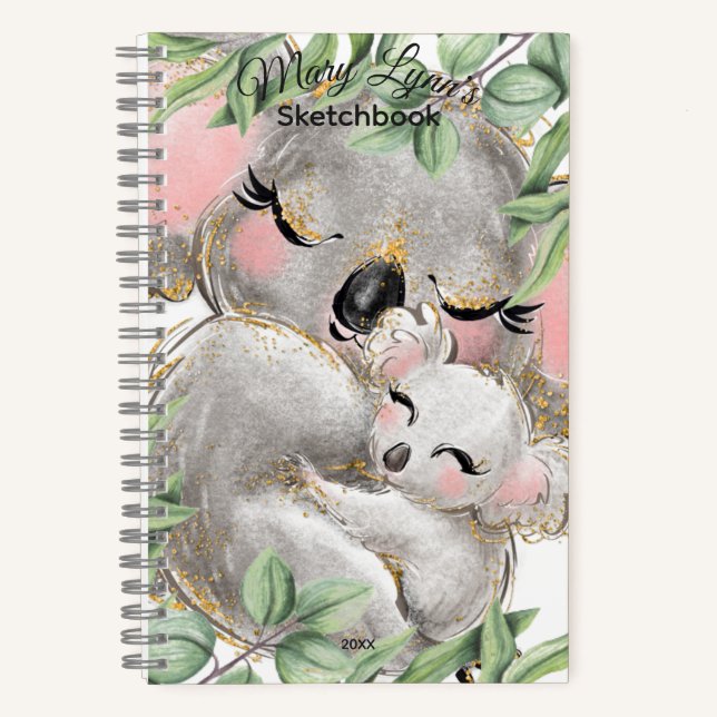 Personalize Watercolor Koala Bear, Baby Sketchbook Notebook (Front)