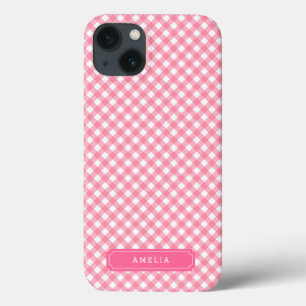 Personalize with Name Baby Pink Gingham iPhone 13 Case