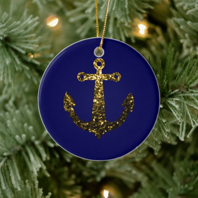 Personalize Yellow Gold sparkles Anchor Navy Blue Ceramic Tree Decoration (Tree)
