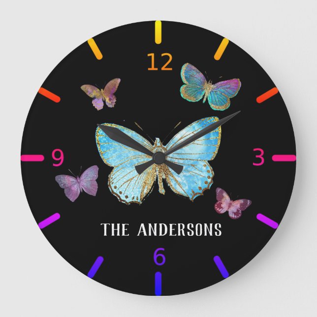 Personalize Your Own Colorful Butterflies - Large Clock (Front)