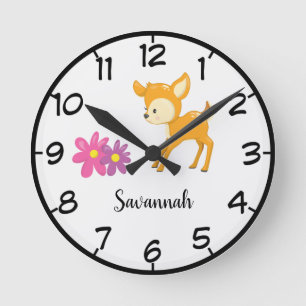 Personalize Your Own Cute Floral Woodland Deer Round Clock