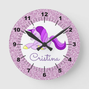 Personalize Your Own Purple Unicorn Round Clock