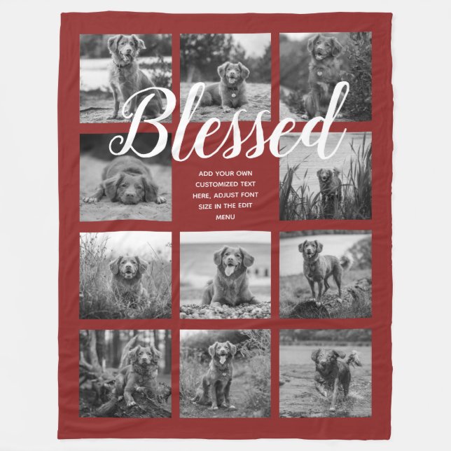 Personalized 11 Photo Collage BLESSED Red Fleece Blanket (Front)