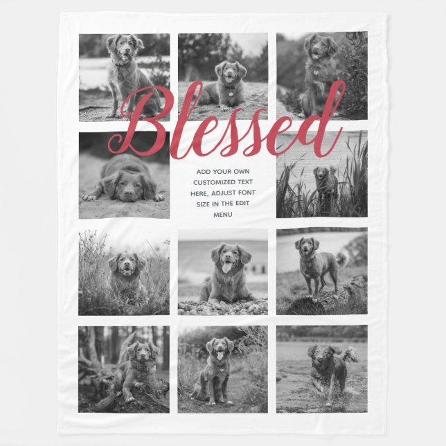 Personalized 11 Photo Collage BLESSED White Red Fleece Blanket (Front)