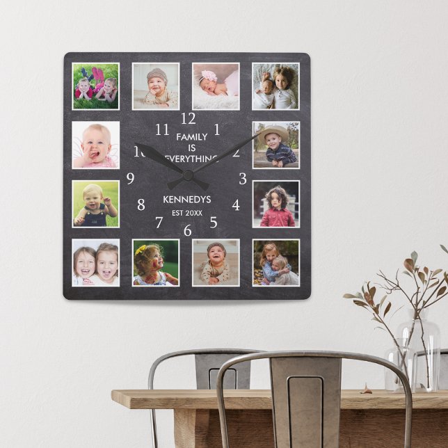 Personalized 12 Photo Collage Frame Chalkboard Square Wall Clock (Personalized 12 Photo Collage Frame Chalkboard Square Wall Clock)