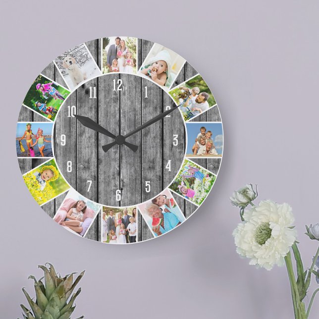Personalized 12 Photo Collage Gray Wood Round Large Clock (Photo clock with 12 photos, one at each hour. Great design for your home or a thoughtful photo gift.)