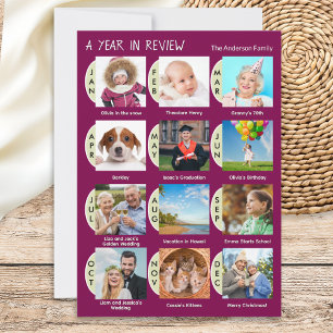 Personalized 12-Photo Year Review Collage Burgundy Holiday Card