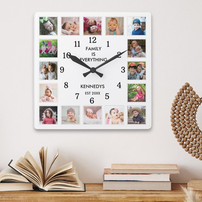 Personalized 16 Photo Collage Family Quote White Square Wall Clock (Creator Uploaded)