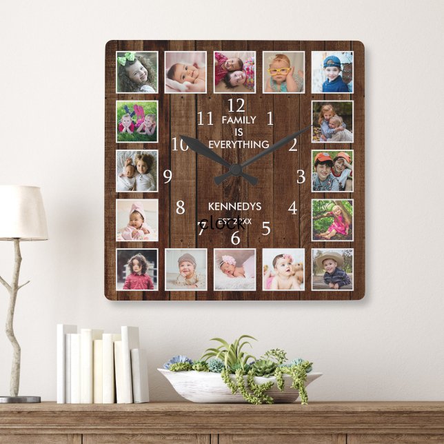 Personalized 16 Photo Collage Quote Dark Wood Square Wall Clock (Creator Uploaded)