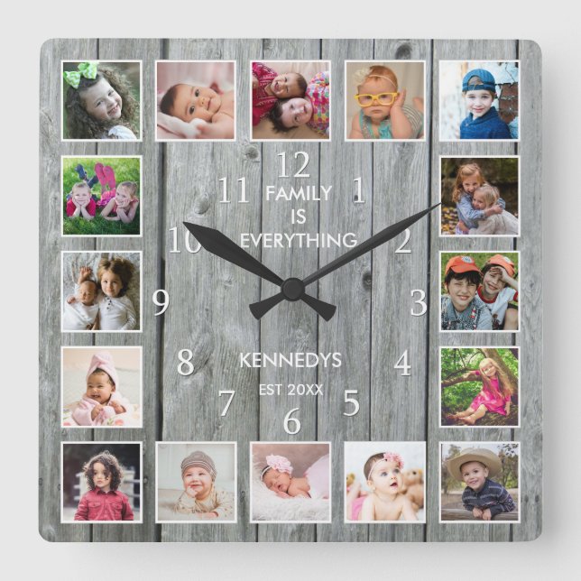 Personalized 16 Photo Collage Quote Gray Wood Square Wall Clock (Front)