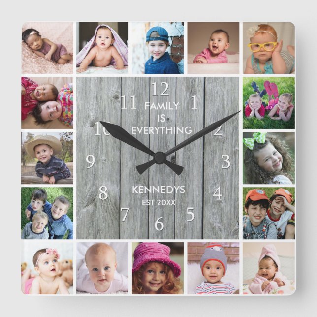 Personalized 16 Photo Collage Rustic Gray Wood Square Wall Clock (Front)