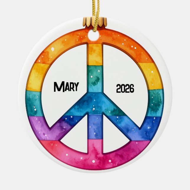 Personalized  1970's Hippie Peace Sign Ceramic Tree Decoration (Front)
