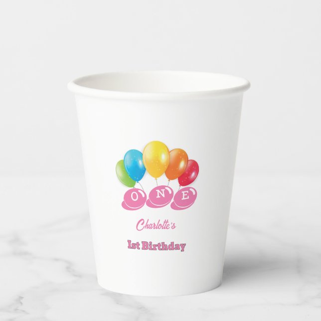 Personalized 1st Birthday Soft Pink Girl's Name Paper Cups (Front)