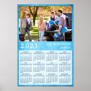 Personalized 2021 Calendar Family Photo Blue Poster