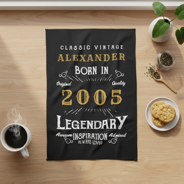 Personalized 21st Birthday 2005 Vintage Legend Tea Towel (Born 2005 legend kitchen towel. Kitchen worktop background.)